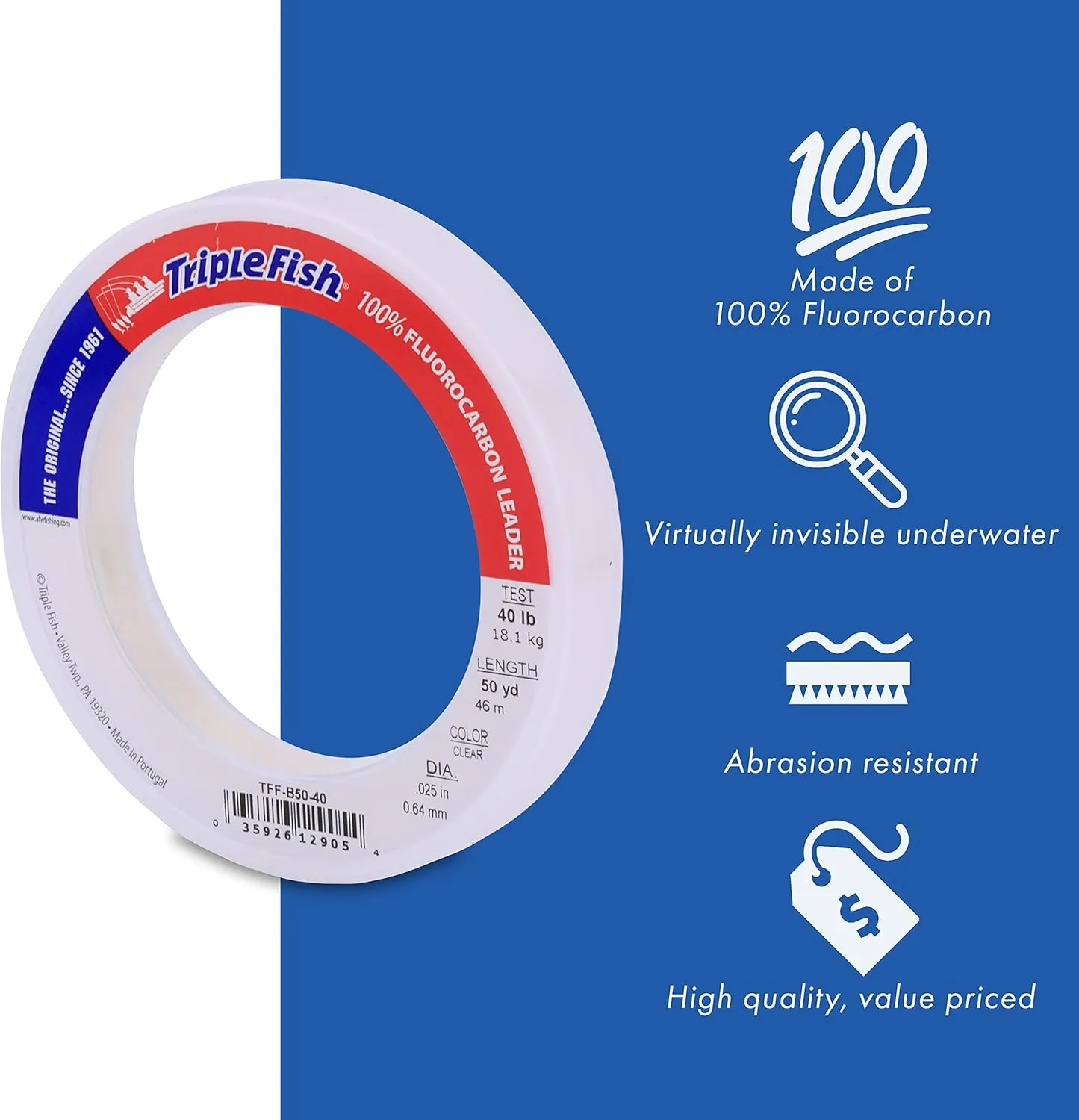 100% Fluorocarbon Fishing Leader - Clear Invisible Strong and Heavy Duty Highly Abrasion Resistant, Fast Sinking Freshwater & Saltwater