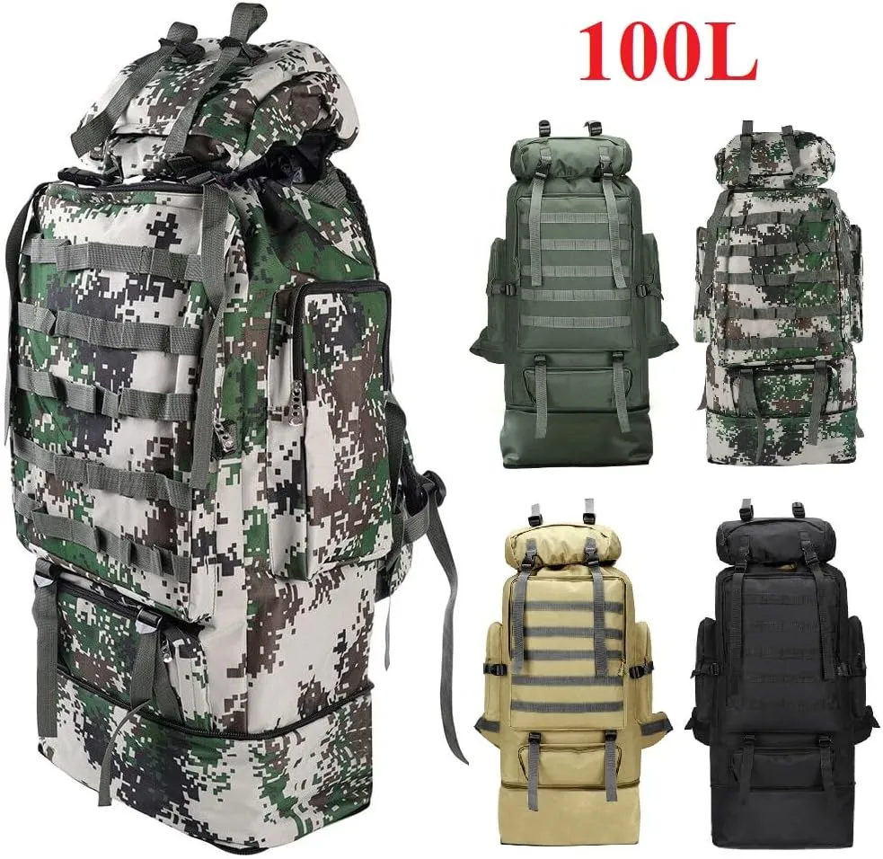 100L Camping Hiking Backpack, Large Military Tactical Backpack Waterproof Travel Daypack Survival Rucksack Bushcraft Backpack Lightweight Outdoor Camping Bag, Black