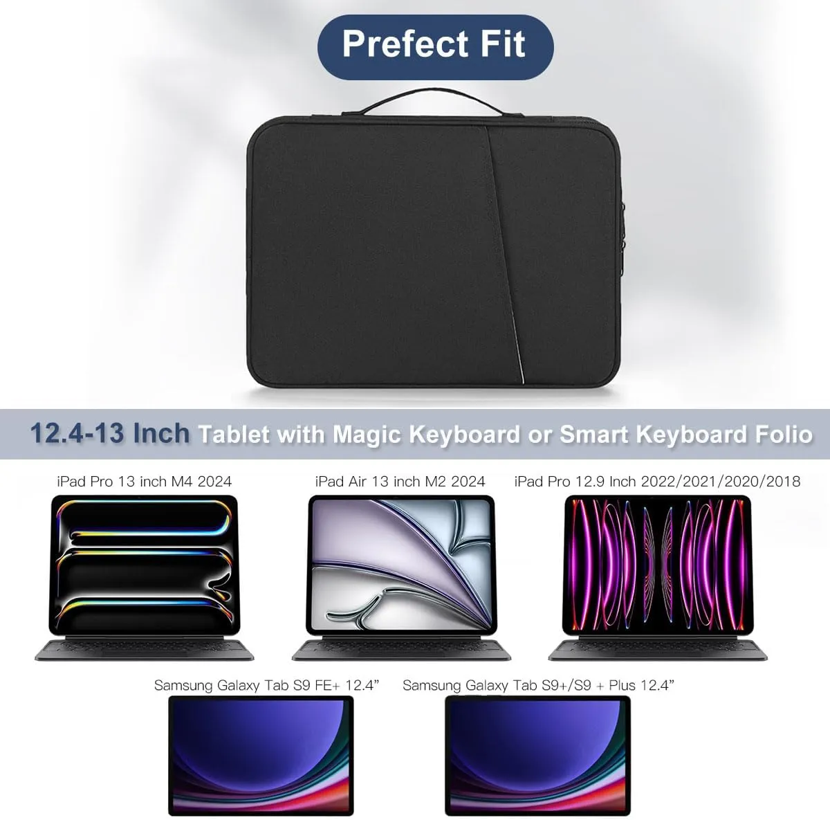 12-12.9 Inch Tablet Sleeve Bag for 12.4" Samsung Galaxy Tab S10  S9  Plus/S8 /S7  Plus/S7 FE,2025 13" iPad Air M3 M2/iPad Pro M4/Pro 12.9"/Microsoft Surface Go 2 12.4"/Pro 11 10 Carrying Case-Black