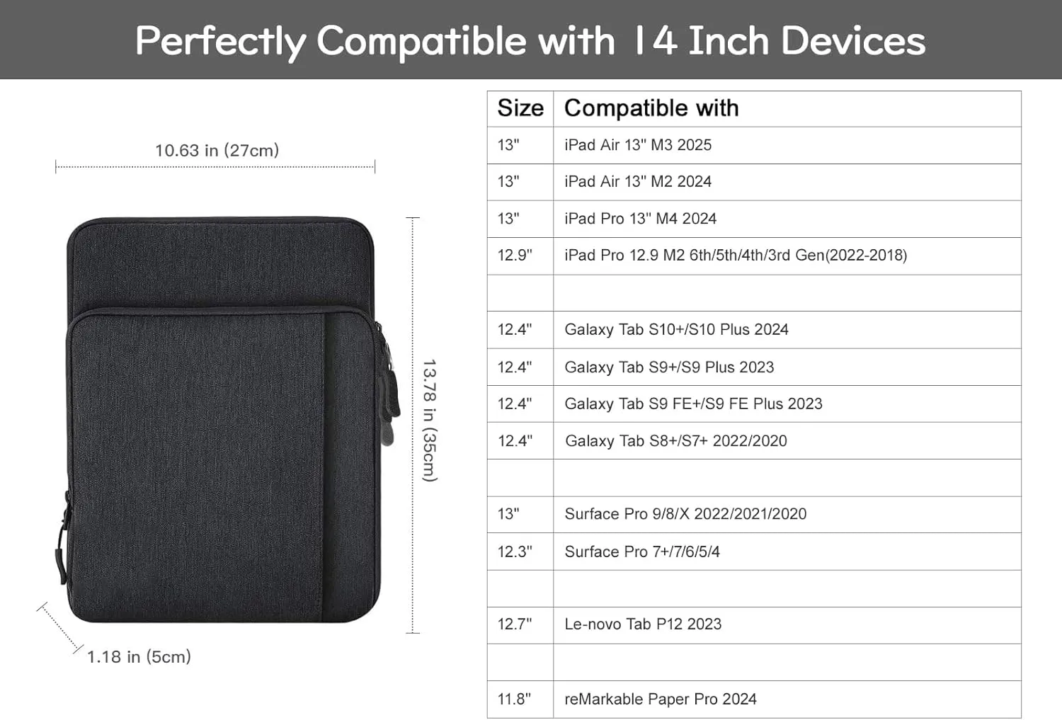 13-13.3 Inch Tablet Sleeve Case Shoulder Bag for iPad Pro 13", iPad Air 13", iPad Pro 12.9", Galaxy Tab S10  Plus
