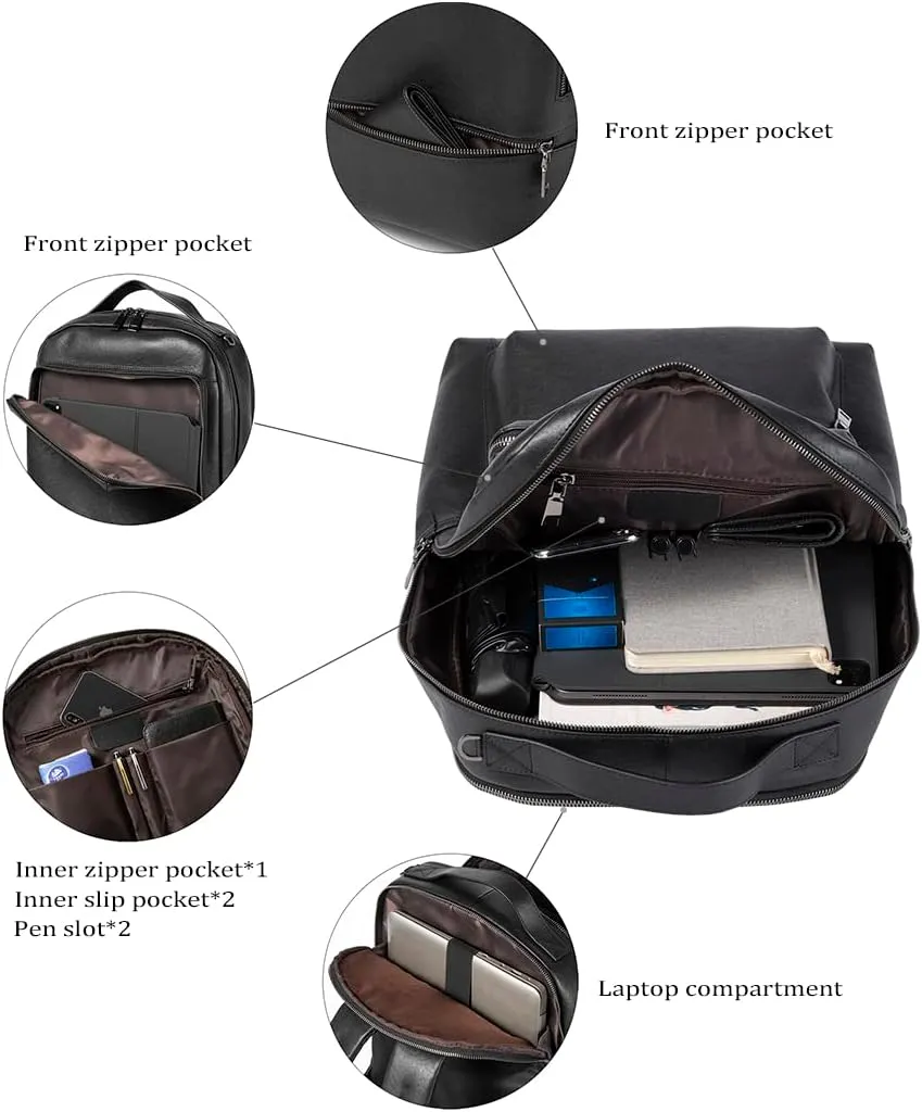 15.6 Inch Genuine Leather Laptop Backpack for Men Women, Business Travel Backpack Hiking Rucksack Daypack (2#Black)