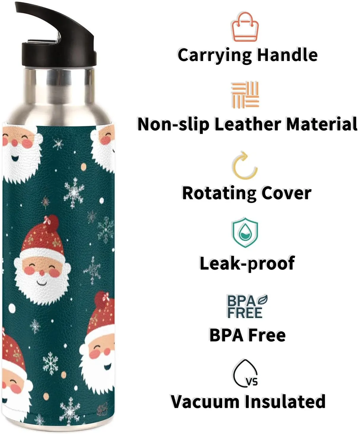 20 oz Insulated Water Bottle with Straw Stainless Steel Double Walled Vacuum Sports Water Bottle Leak Proof & BPA Free Cartoon Christmas Santa