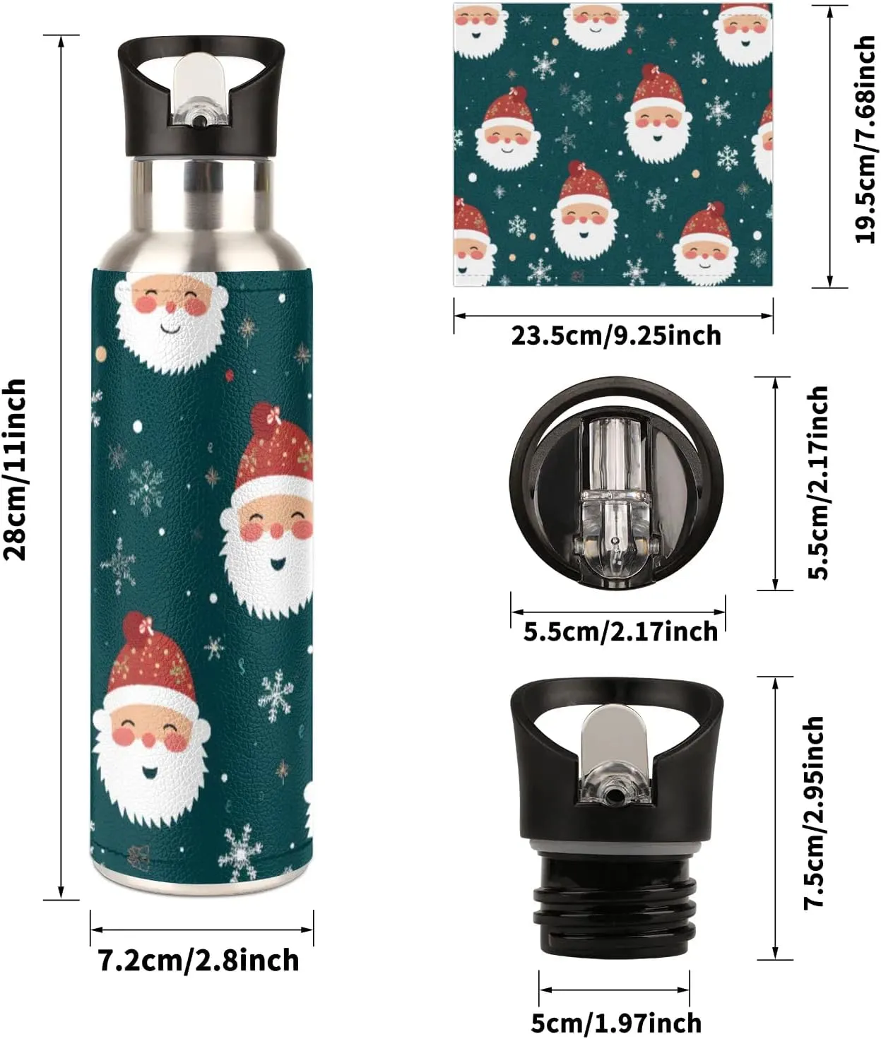 20 oz Insulated Water Bottle with Straw Stainless Steel Double Walled Vacuum Sports Water Bottle Leak Proof & BPA Free Cartoon Christmas Santa
