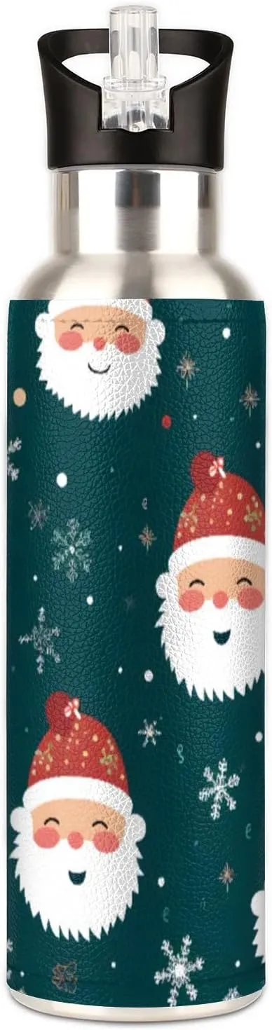 20 oz Insulated Water Bottle with Straw Stainless Steel Double Walled Vacuum Sports Water Bottle Leak Proof & BPA Free Cartoon Christmas Santa