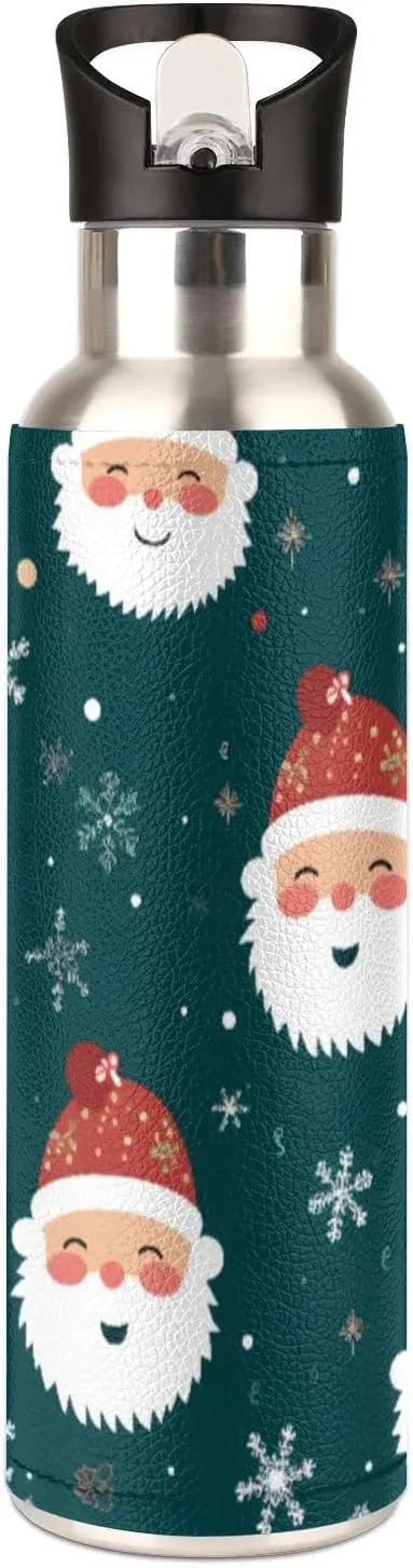 20 oz Insulated Water Bottle with Straw Stainless Steel Double Walled Vacuum Sports Water Bottle Leak Proof & BPA Free Cartoon Christmas Santa