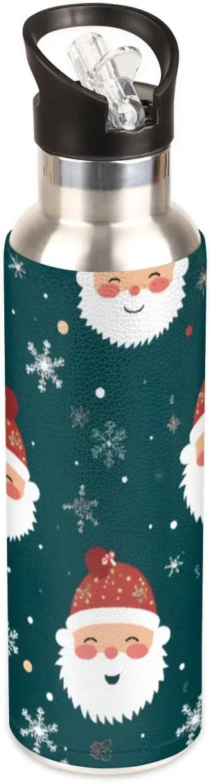 20 oz Insulated Water Bottle with Straw Stainless Steel Double Walled Vacuum Sports Water Bottle Leak Proof & BPA Free Cartoon Christmas Santa