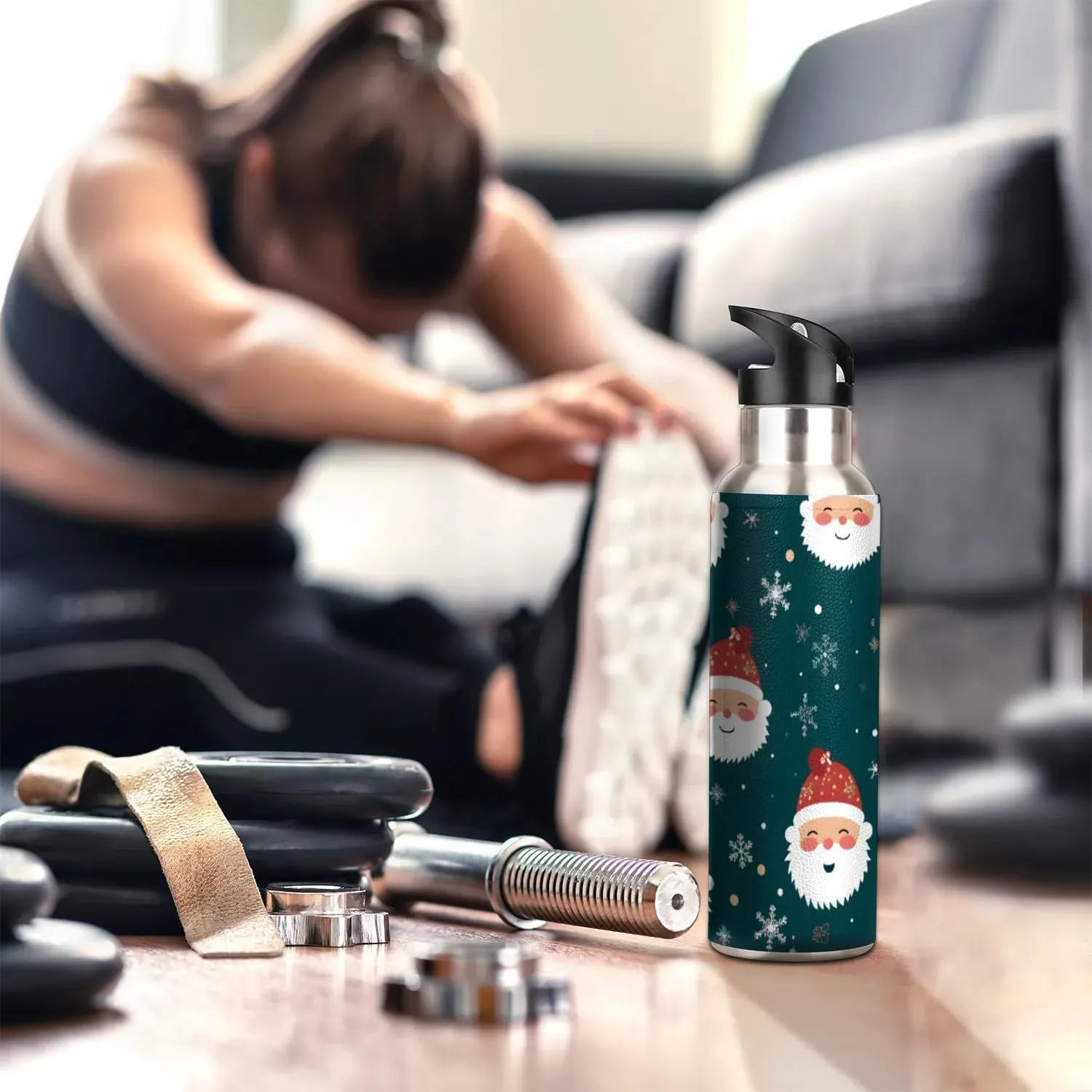 20 oz Insulated Water Bottle with Straw Stainless Steel Double Walled Vacuum Sports Water Bottle Leak Proof & BPA Free Cartoon Christmas Santa
