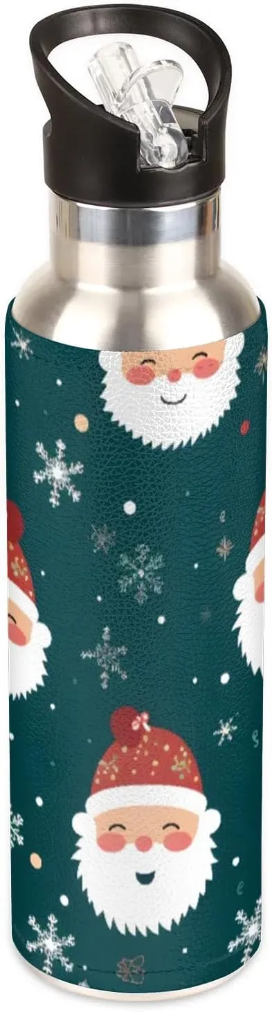 20 oz Insulated Water Bottle with Straw Stainless Steel Double Walled Vacuum Sports Water Bottle Leak Proof & BPA Free Cartoon Christmas Santa