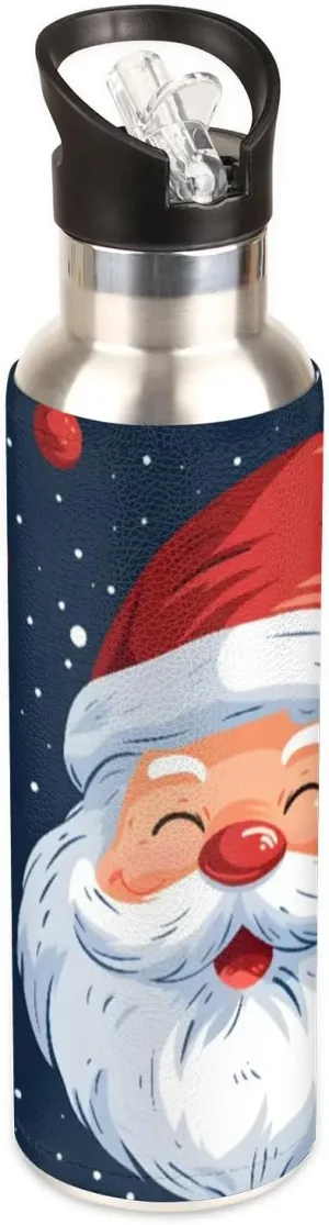 20 oz Insulated Water Bottle with Straw Stainless Steel Double Walled Vacuum Sports Water Bottle Leak Proof & BPA Free Christmas Santa