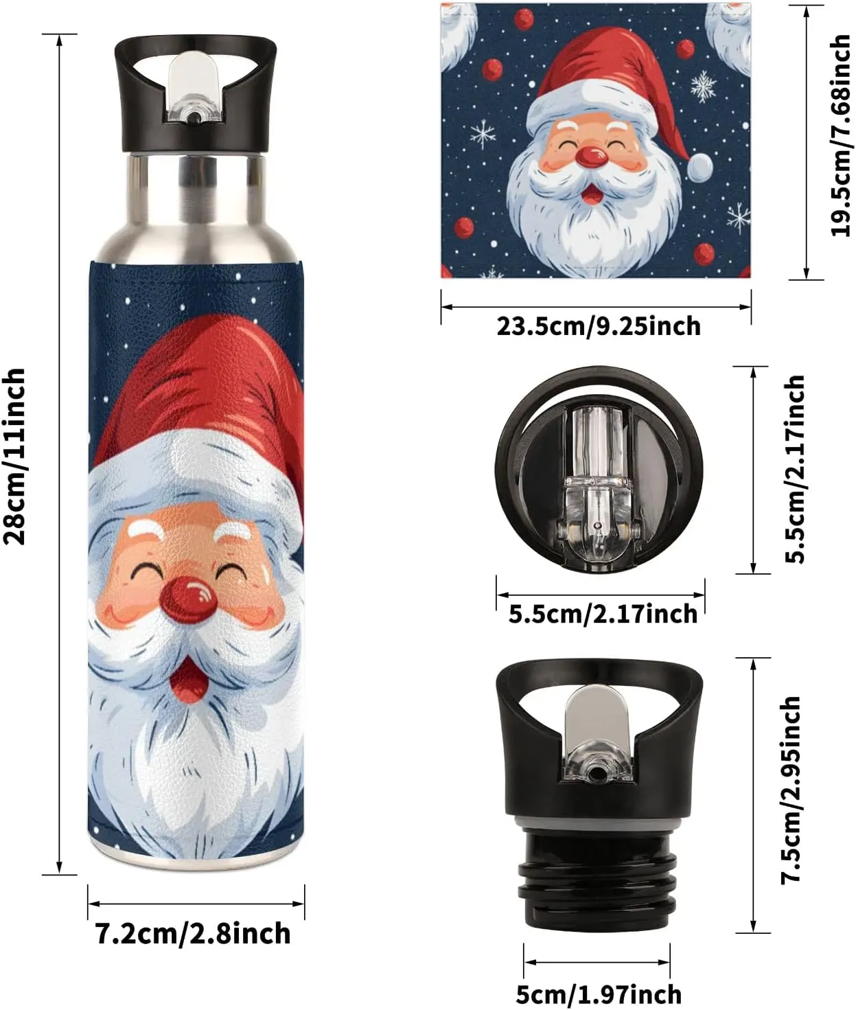 20 oz Insulated Water Bottle with Straw Stainless Steel Double Walled Vacuum Sports Water Bottle Leak Proof & BPA Free Christmas Santa