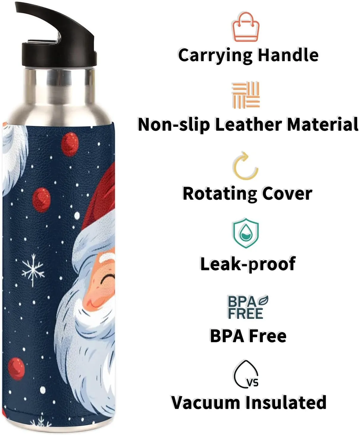 20 oz Insulated Water Bottle with Straw Stainless Steel Double Walled Vacuum Sports Water Bottle Leak Proof & BPA Free Christmas Santa