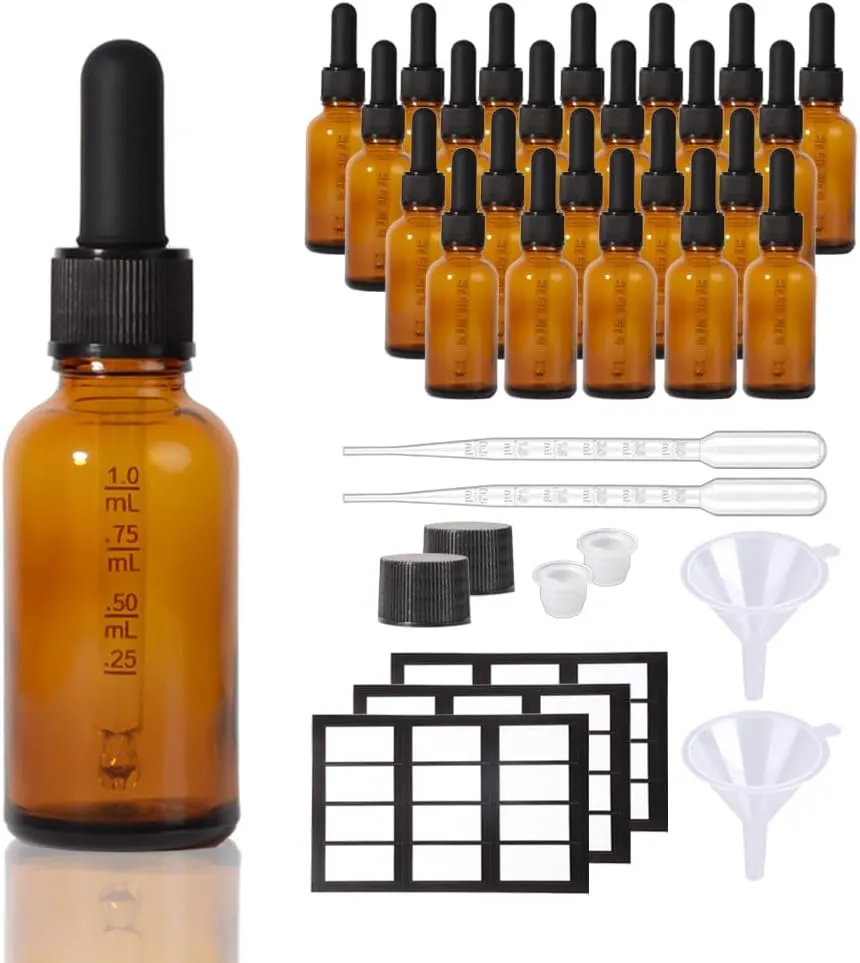 24 Pack, Glass Dropper Bottles 1oz for Oil with Small Funnel,Small Travel Containers Tincture Bottles with Dropper