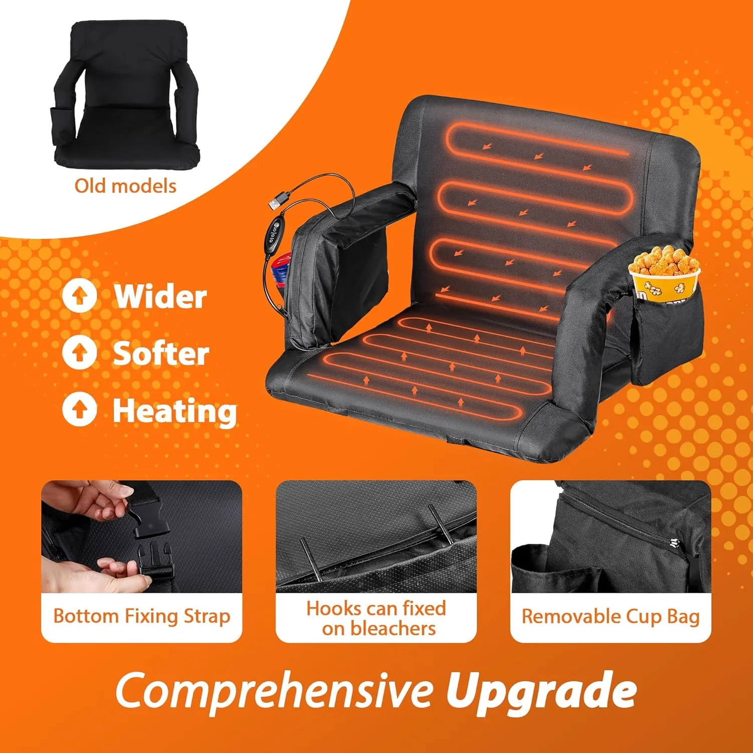 25'' Dual-Sided Heated Stadium Chair with Back Support & Wide Cushion, Portable Foldable Bleacher Seats with 3 Heat Levels and Hooks for Outdoor Sports, Camping, Events