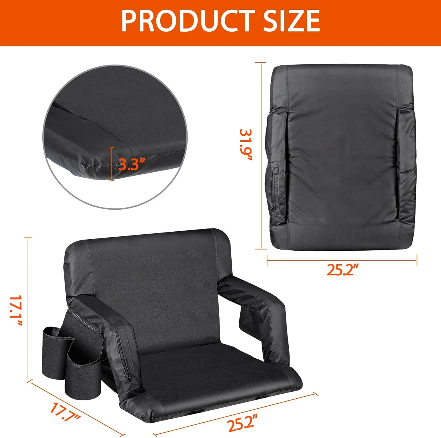 25'' Dual-Sided Heated Stadium Chair with Back Support & Wide Cushion, Portable Foldable Bleacher Seats with 3 Heat Levels and Hooks for Outdoor Sports, Camping, Events