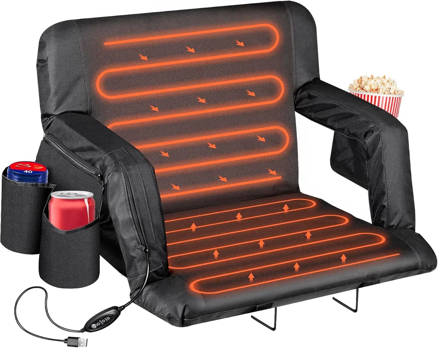 25'' Dual-Sided Heated Stadium Chair with Back Support & Wide Cushion, Portable Foldable Bleacher Seats with 3 Heat Levels and Hooks for Outdoor Sports, Camping, Events