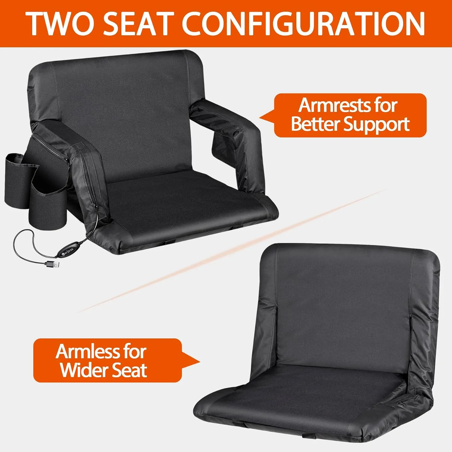 25'' Dual-Sided Heated Stadium Chair with Back Support & Wide Cushion, Portable Foldable Bleacher Seats with 3 Heat Levels and Hooks for Outdoor Sports, Camping, Events