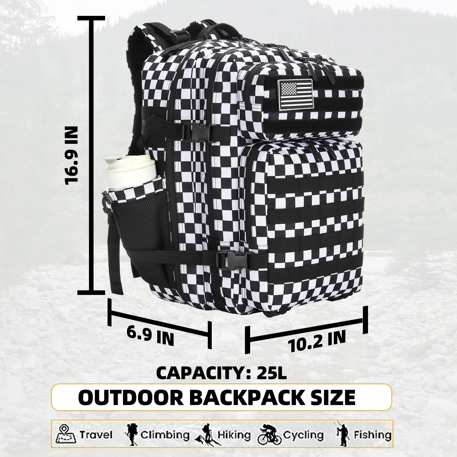 25L Tactical Military Backpack Small Travel Rucksack for Men and Women Assault Pack Bug Out Bag Molle Daypack Gym Backpack with Bottle Holder (Black White Plaid)