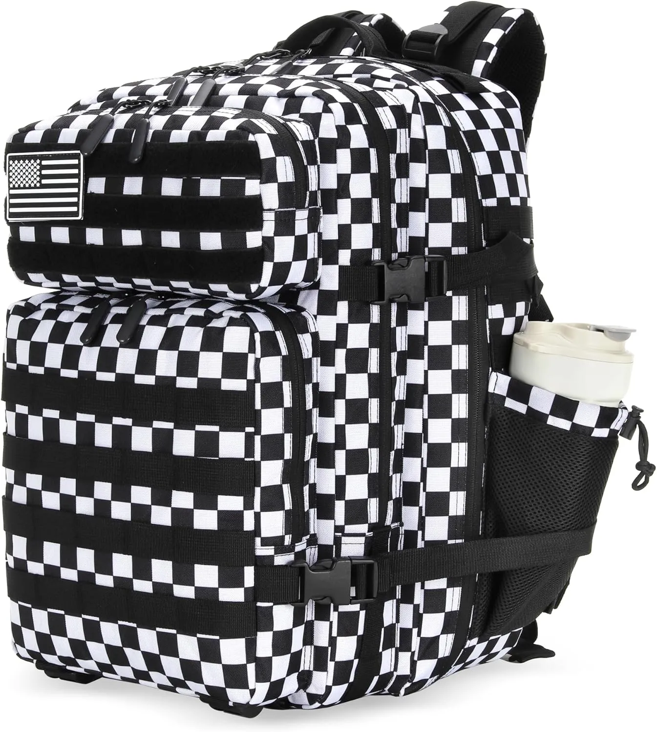 25L Tactical Military Backpack Small Travel Rucksack for Men and Women Assault Pack Bug Out Bag Molle Daypack Gym Backpack with Bottle Holder (Black White Plaid)