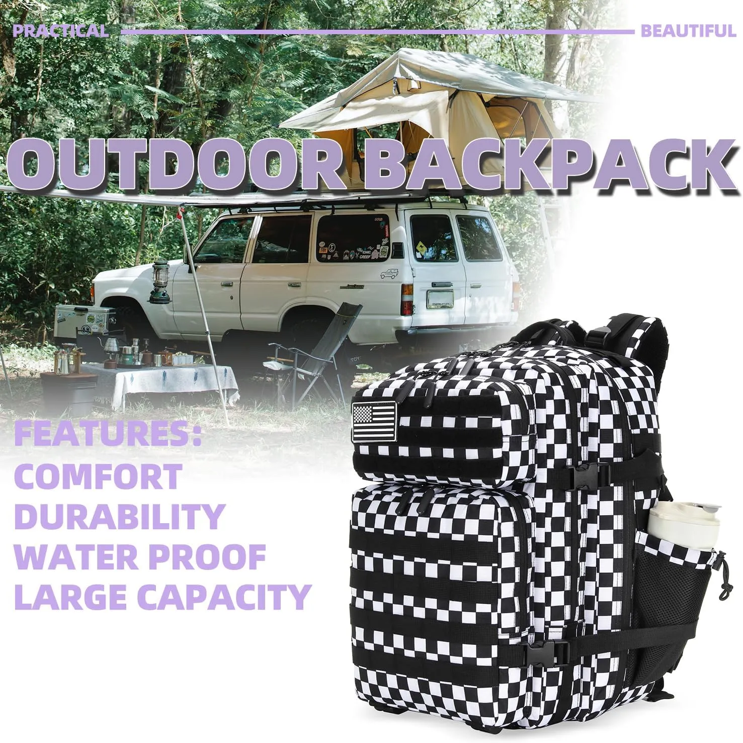 25L Tactical Military Backpack Small Travel Rucksack for Men and Women Assault Pack Bug Out Bag Molle Daypack Gym Backpack with Bottle Holder (Black White Plaid)