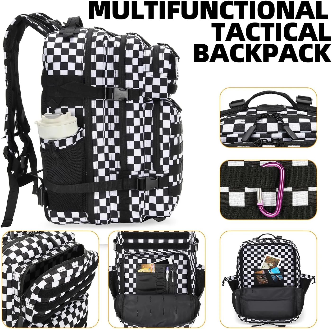 25L Tactical Military Backpack Small Travel Rucksack for Men and Women Assault Pack Bug Out Bag Molle Daypack Gym Backpack with Bottle Holder (Black White Plaid)