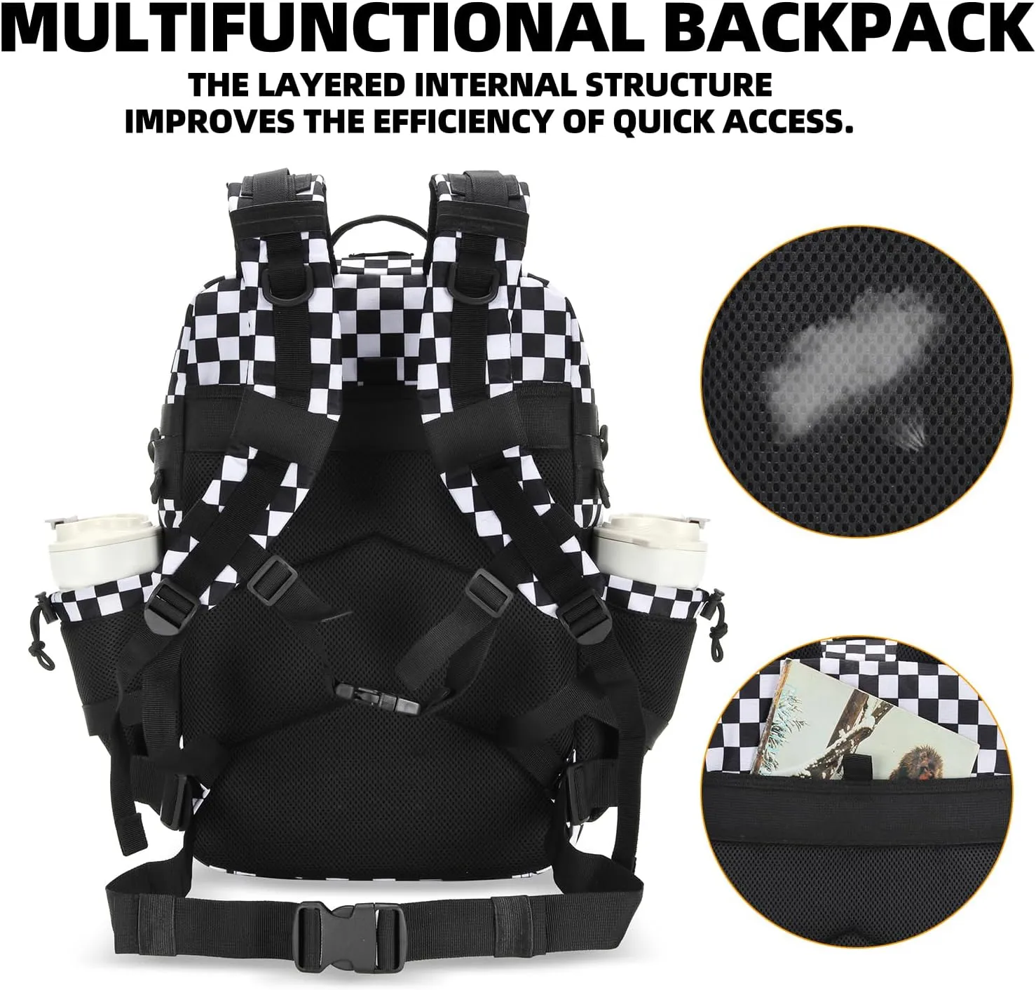 25L Tactical Military Backpack Small Travel Rucksack for Men and Women Assault Pack Bug Out Bag Molle Daypack Gym Backpack with Bottle Holder (Black White Plaid)