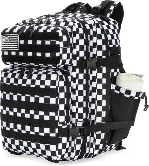 25L Tactical Military Backpack Small Travel Rucksack for Men and Women Assault Pack Bug Out Bag Molle Daypack Gym Backpack with Bottle Holder (Black White Plaid)