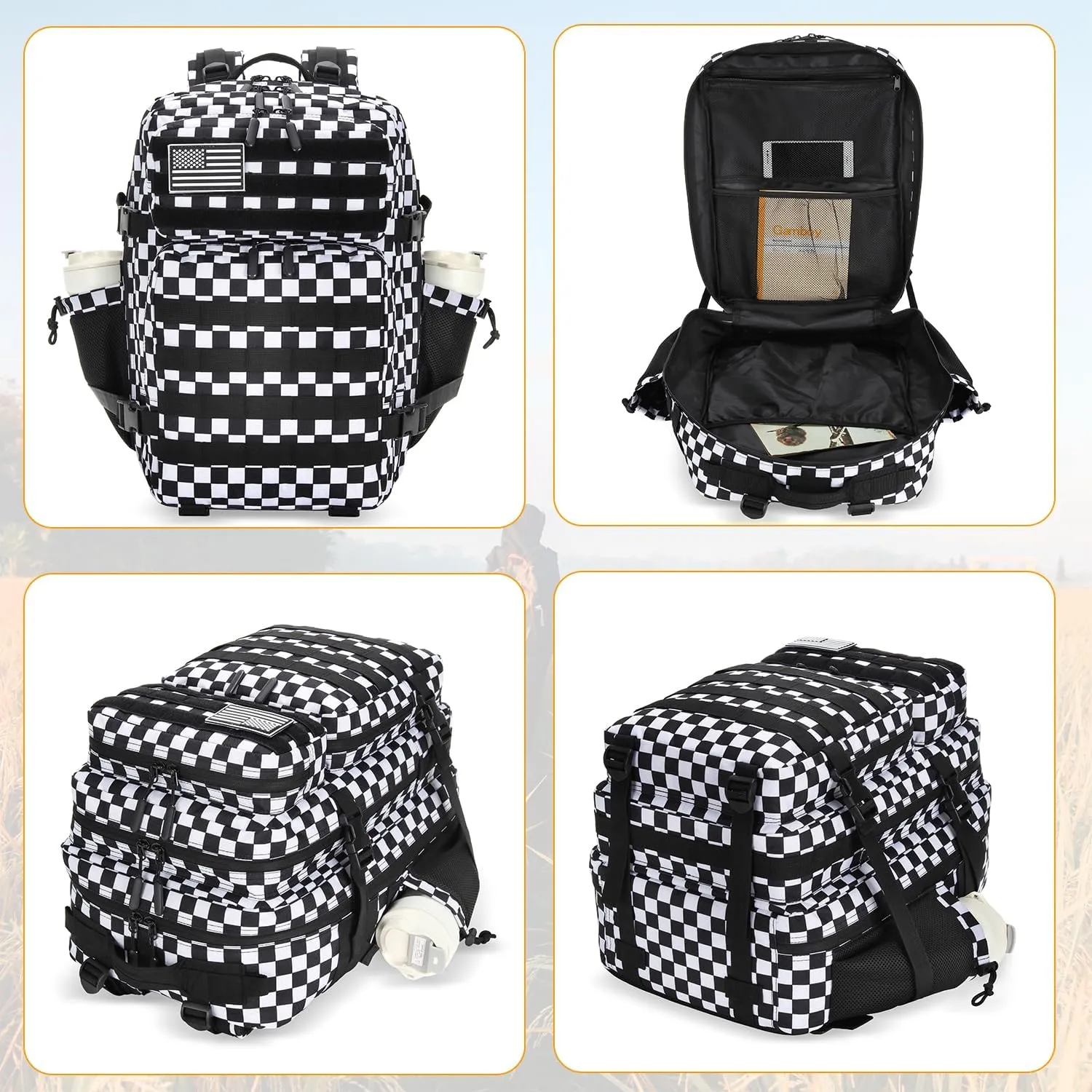 25L Tactical Military Backpack Small Travel Rucksack for Men and Women Assault Pack Bug Out Bag Molle Daypack Gym Backpack with Bottle Holder (Black White Plaid)