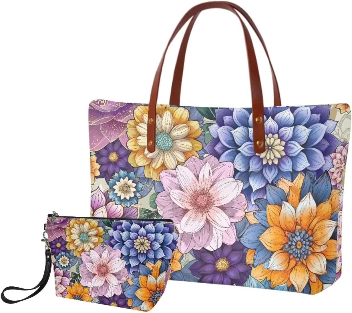 2PCS Handbag and Wallet Set for Women Hobo Bag Satchel Purse Tote Handbag Top Handle Bag with PU Make Up Bag