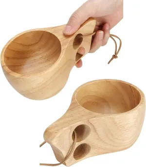 2pcs Wooden Camping Mug, Kuksa Wood Camp Mug with Leather Lanyard Nordic Style Wood Mug Drinking Cup Portable Hiking Tableware