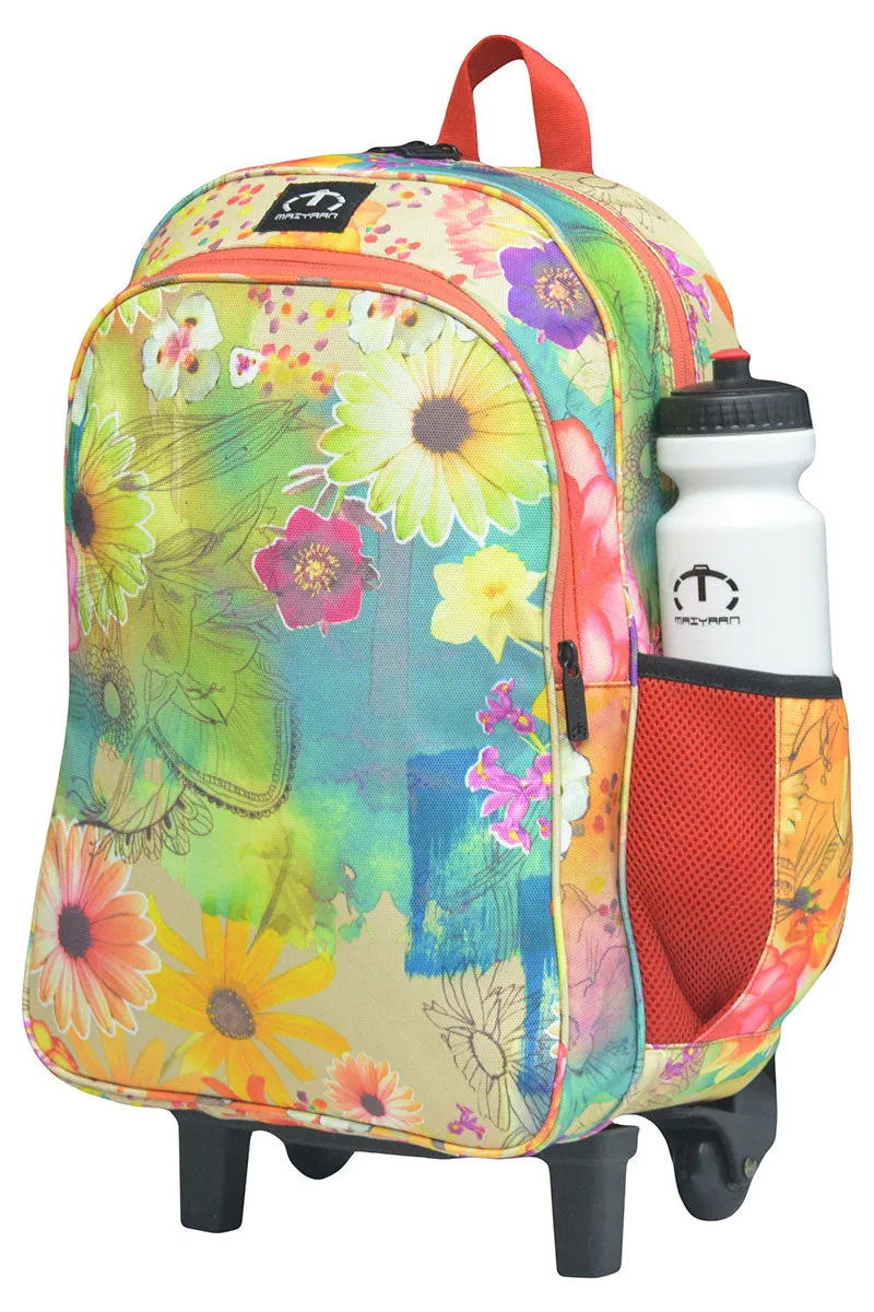 3 IN 1 MULTICOLOR FLOWER SCHOOL TROLLEY BAG [TROLLEY BAG   LUNCH BOX   GEOMETRY POUCH]- CLASS 8 to 10