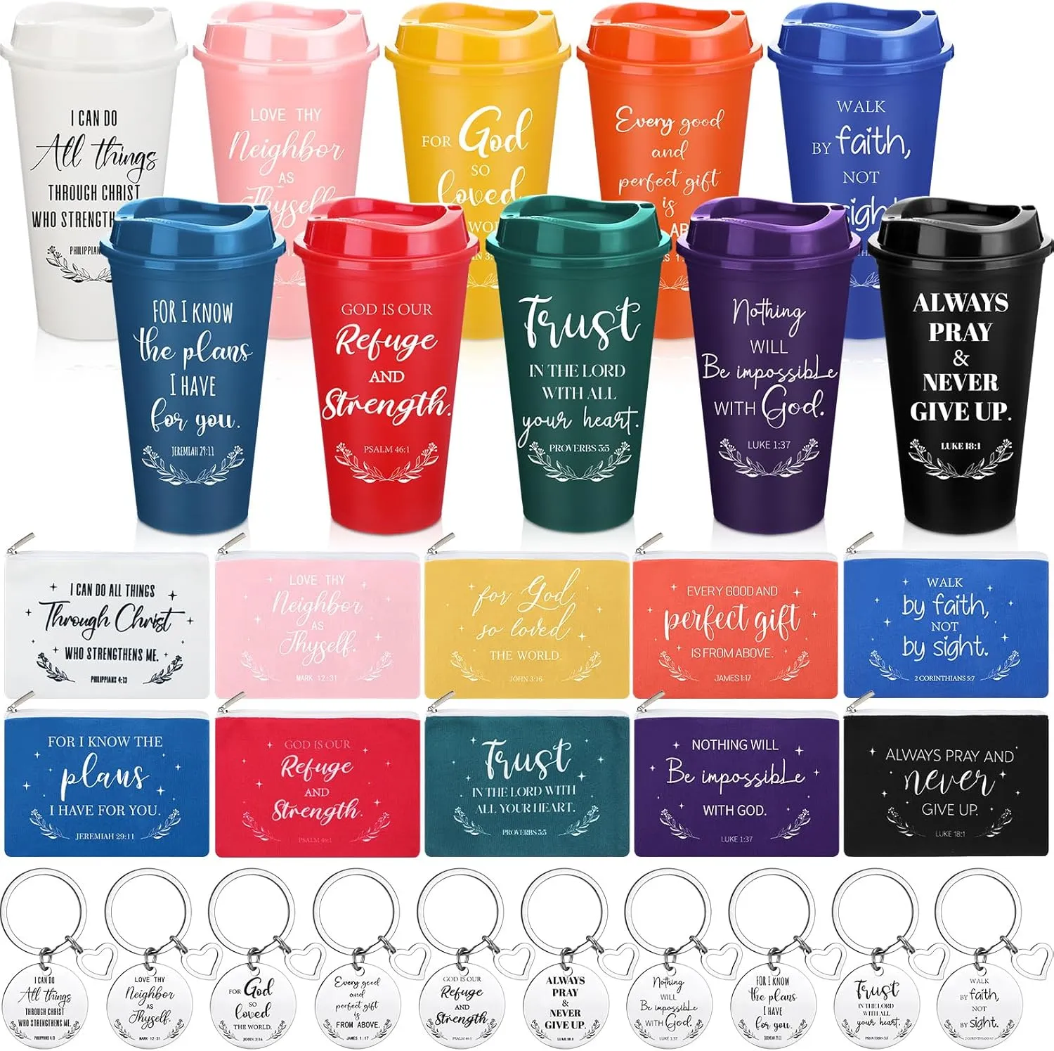 30 Pcs 10 Sets Inspirational Christian Gift Bulk for Women 16 oz Bible Verse Tumblers Cups with Lid Scripture Makeup Bags Religious Keychains for CNA Nurse Sunday School Teacher Church Gifts