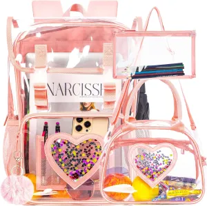 3PCS Clear Backpack Heavy Duty, Cute Sequins Transparent Bookbag with Handbag for Girls, Womens Pink See Through School Bag