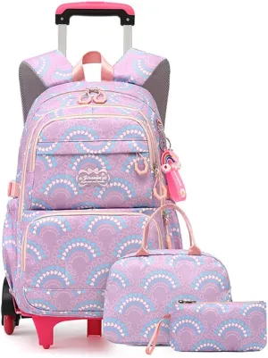 3Pcs Girls Rolling Backpack Kids Bookbag with Wheels Set Elementary Students Outdoors Trolley Schoolbag
