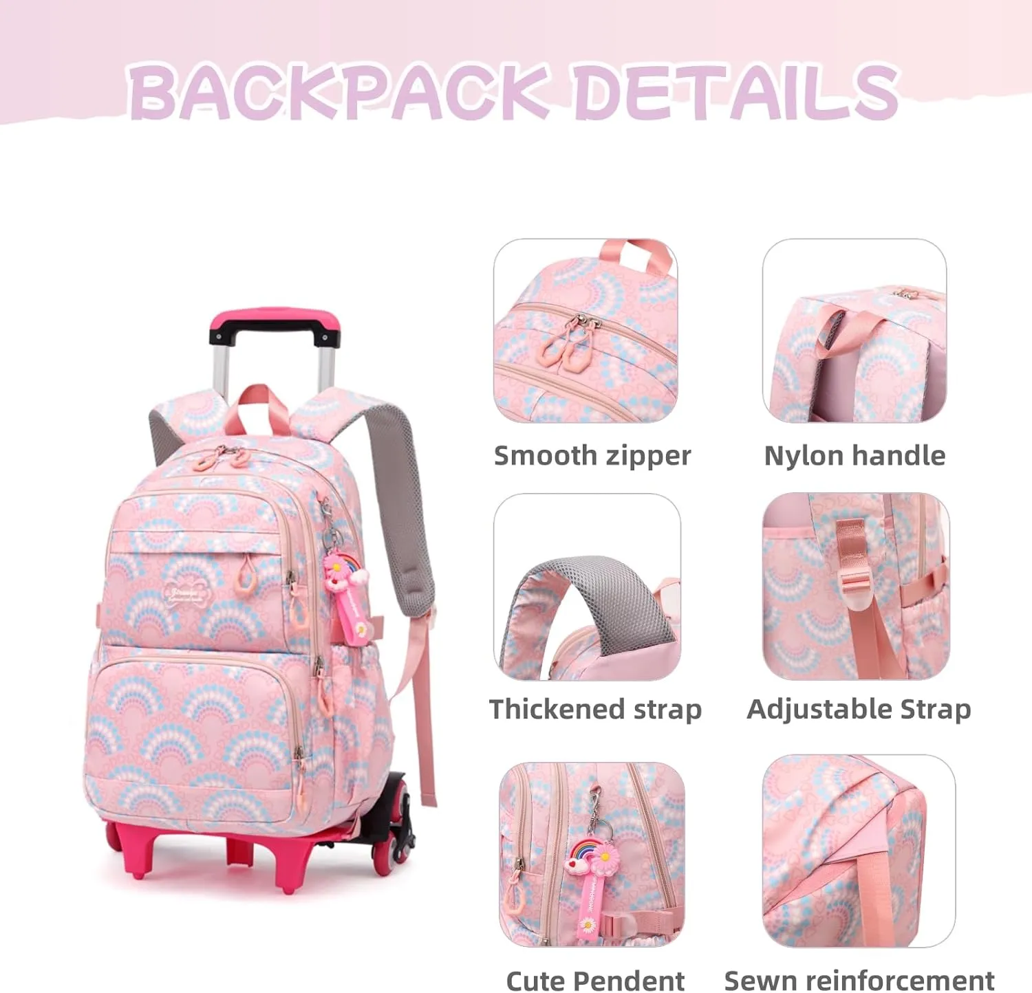 3Pcs Girls Rolling Backpack Kids Bookbag with Wheels Set Elementary Students Outdoors Trolley Schoolbag