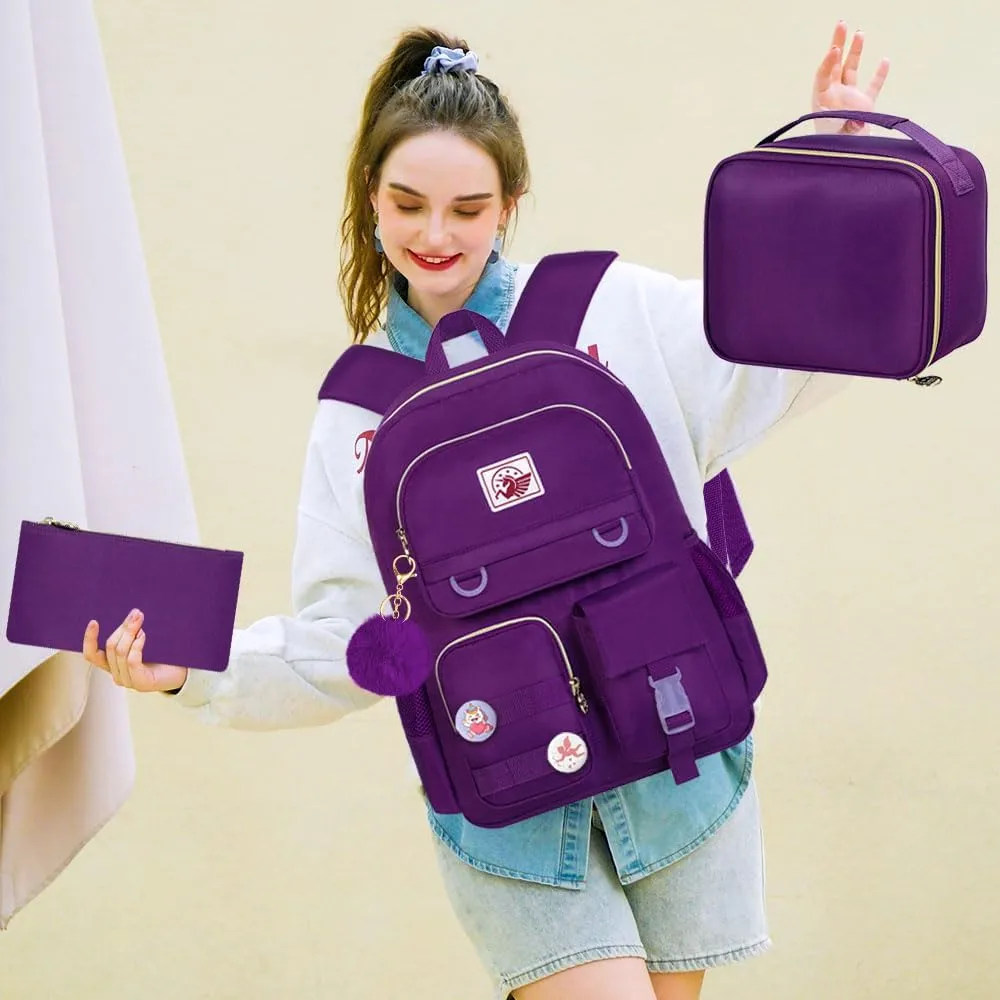 3PCS Laptop Backpack for Girls Women, 15.6" Cute Aesthetic Computer Water Resistant Anti Theft College School Bookbag with Lunch Box for Teens Students - Purple