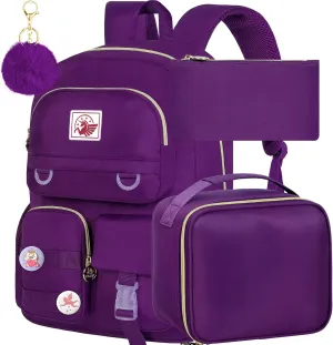 3PCS Laptop Backpack for Girls Women, 15.6" Cute Aesthetic Computer Water Resistant Anti Theft College School Bookbag with Lunch Box for Teens Students - Purple