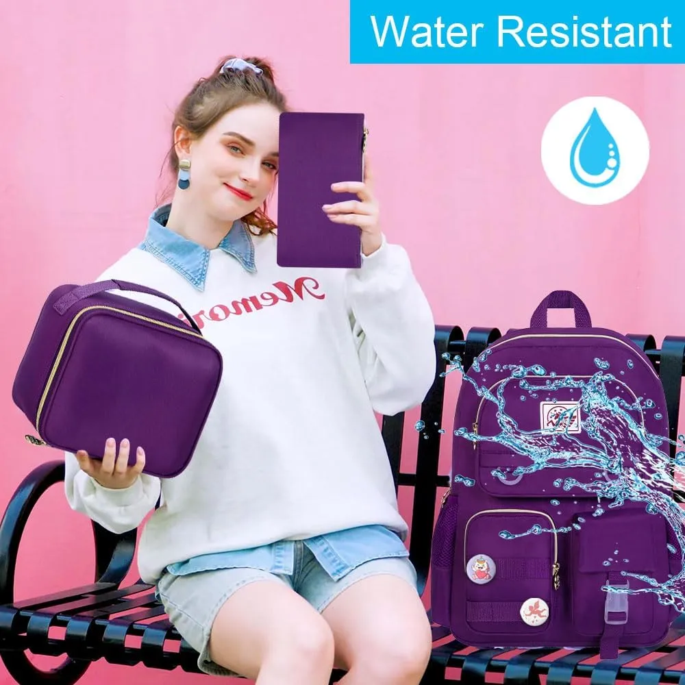 3PCS Laptop Backpack for Girls Women, 15.6" Cute Aesthetic Computer Water Resistant Anti Theft College School Bookbag with Lunch Box for Teens Students - Purple