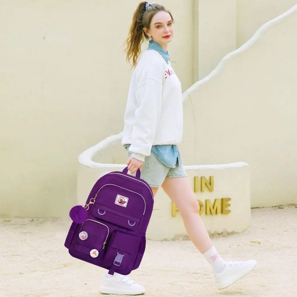 3PCS Laptop Backpack for Girls Women, 15.6" Cute Aesthetic Computer Water Resistant Anti Theft College School Bookbag with Lunch Box for Teens Students - Purple
