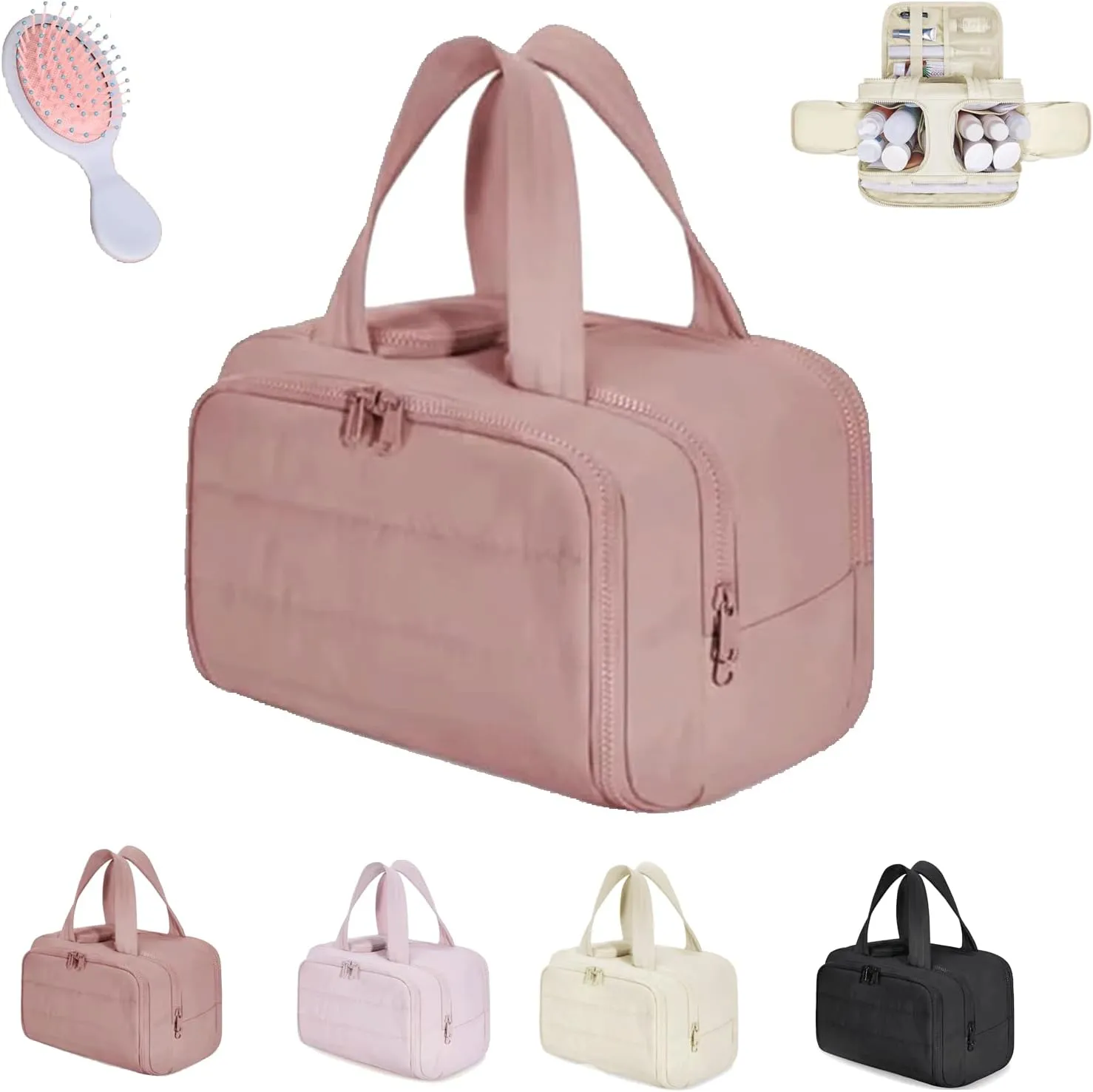 4-In-1 Puffy Multi-Functional Toiletry Bag, Travel Toiletry Bag for Women, Lightweight Cosmetic Makeup Organizer with Handle for Accessories Essentials (Dark pink)