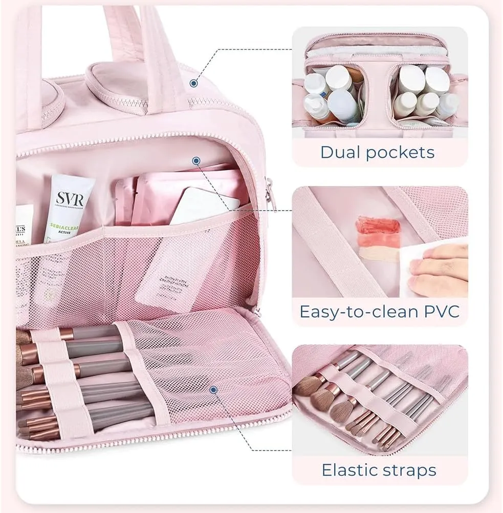 4-In-1 Puffy Multi-Functional Toiletry Bag, Travel Toiletry Bag for Women, Lightweight Cosmetic Makeup Organizer with Handle for Accessories Essentials (Dark pink)