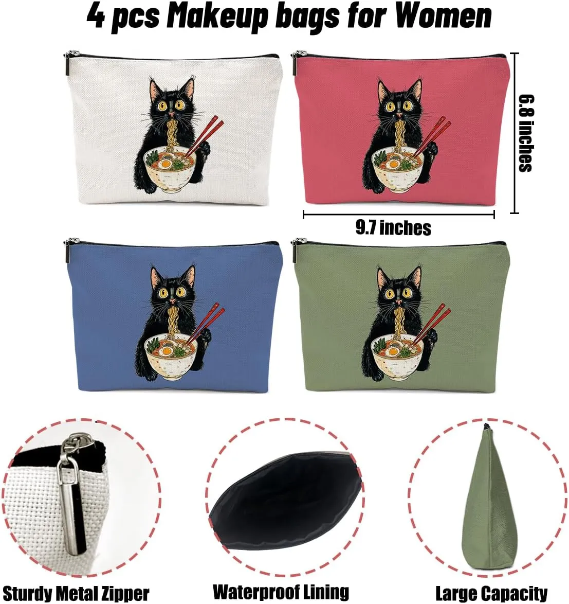 4 Pack Funny Noodles Cat Lover Gifts Cat Gifts for Women Girls Grandma Bestie Teacher Makeup Bag,Travel Essentials Cosmetic Bags for Women, Travel Toiletry Bag Mothers Day Birthday Christmas
