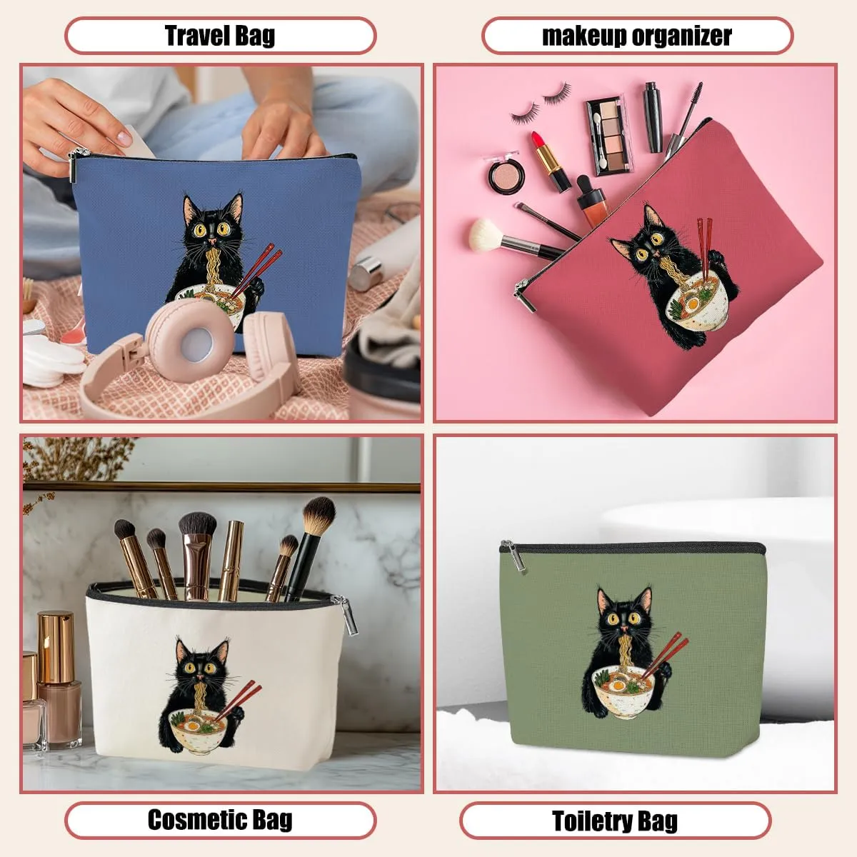 4 Pack Funny Noodles Cat Lover Gifts Cat Gifts for Women Girls Grandma Bestie Teacher Makeup Bag,Travel Essentials Cosmetic Bags for Women, Travel Toiletry Bag Mothers Day Birthday Christmas