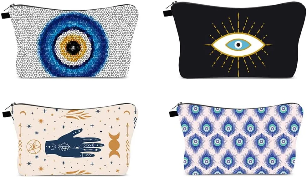4 Pieces Set Makeup Bags Cute Cosmetic Pouch Allover Print Travel Zipper Cosmetic Organizer Stylish Toiletry Bag for Women Supplies Christmas (Evil-Eye)