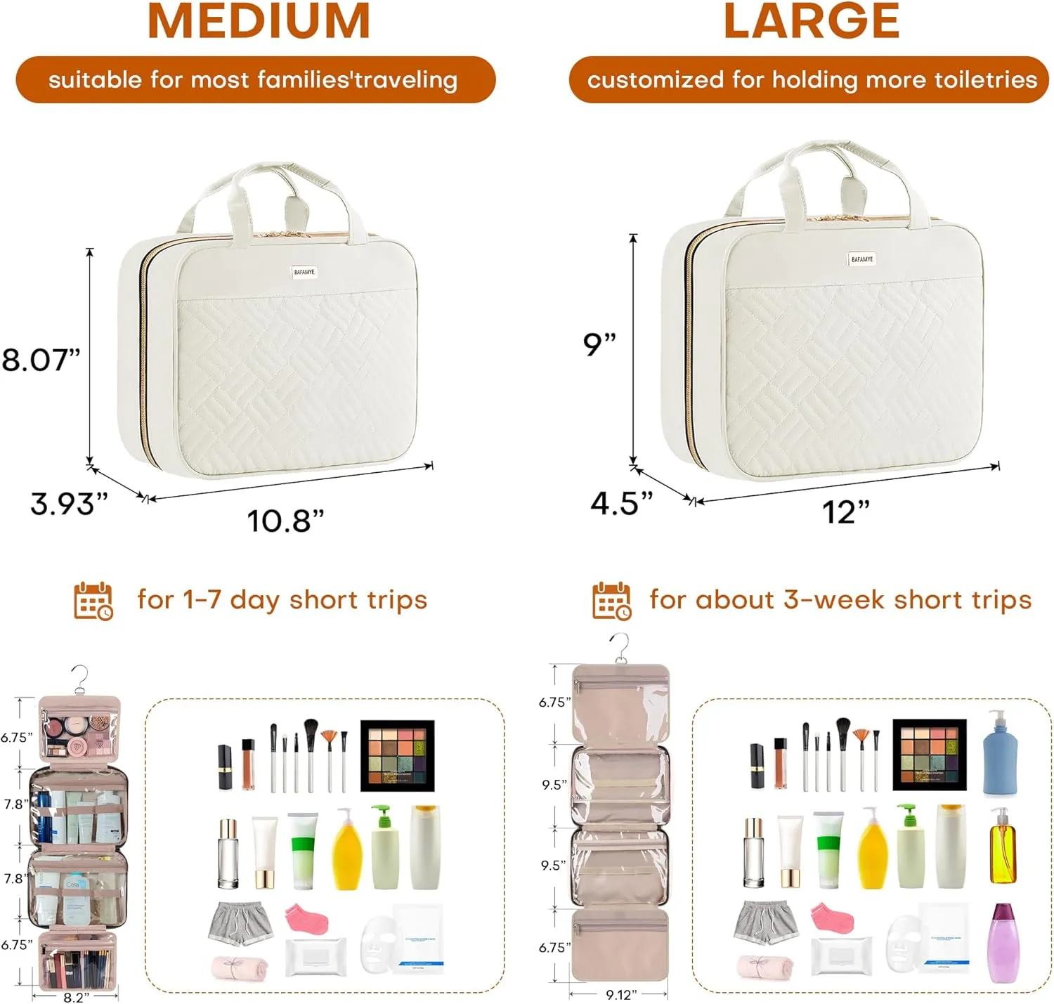 5.8L Travel Toiletry Bag for women - 2.1 GAL Water-resistant Makeup Cosmetic Bag Organizer With Hanging Hook for Travel Accessories Shampoo Full-size Container, Beige
