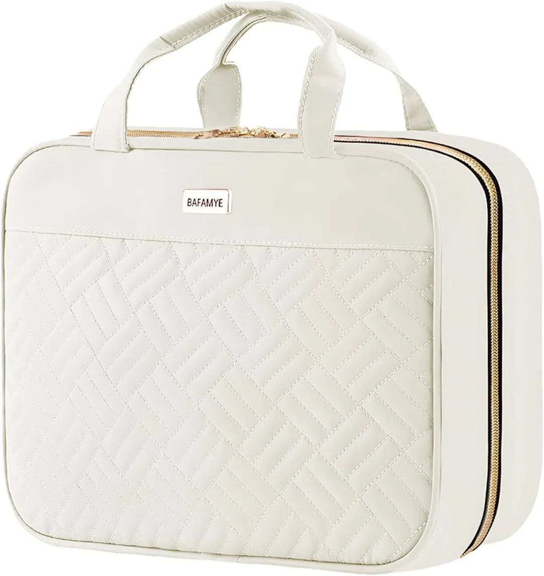 5.8L Travel Toiletry Bag for women - 2.1 GAL Water-resistant Makeup Cosmetic Bag Organizer With Hanging Hook for Travel Accessories Shampoo Full-size Container, Beige