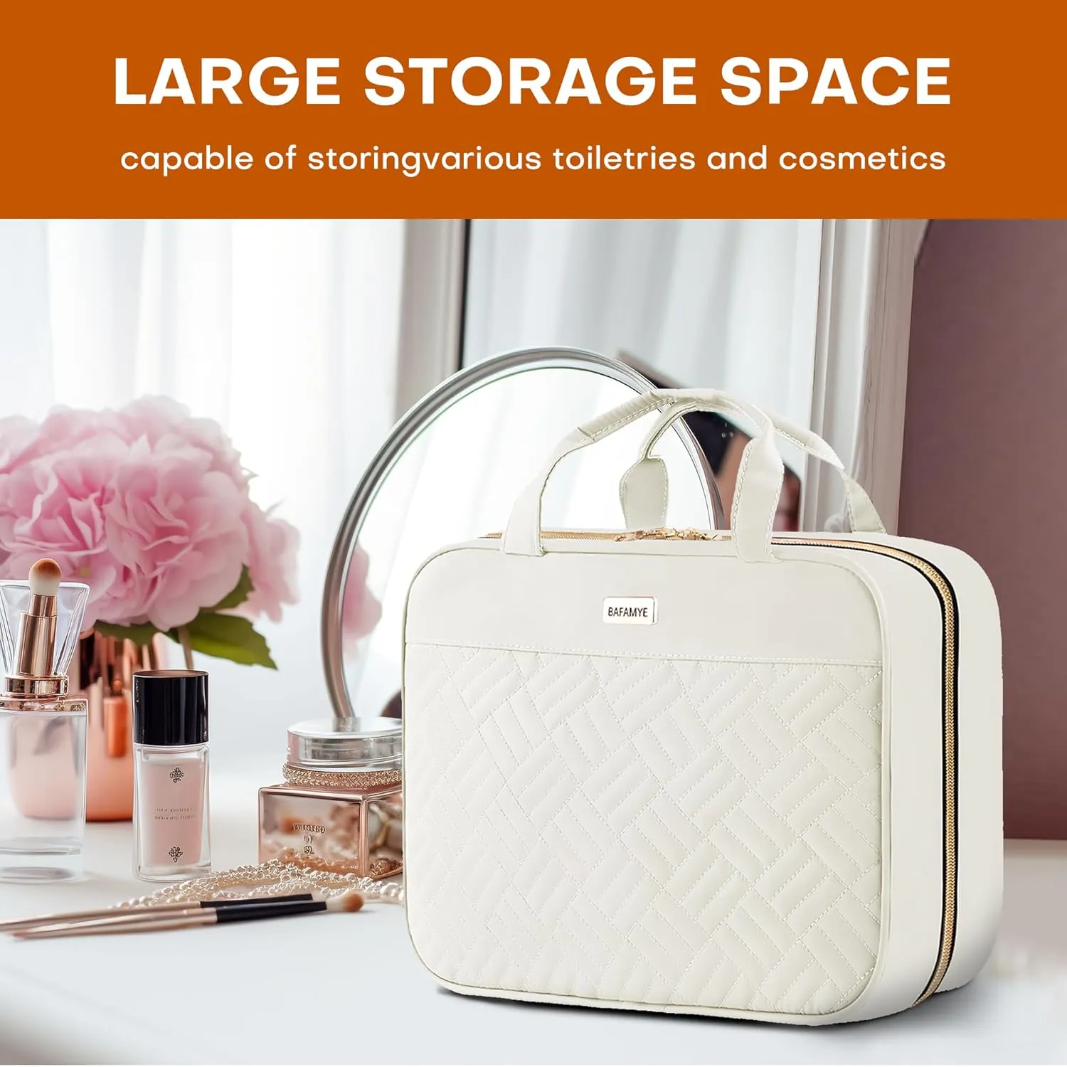5.8L Travel Toiletry Bag for women - 2.1 GAL Water-resistant Makeup Cosmetic Bag Organizer With Hanging Hook for Travel Accessories Shampoo Full-size Container, Beige