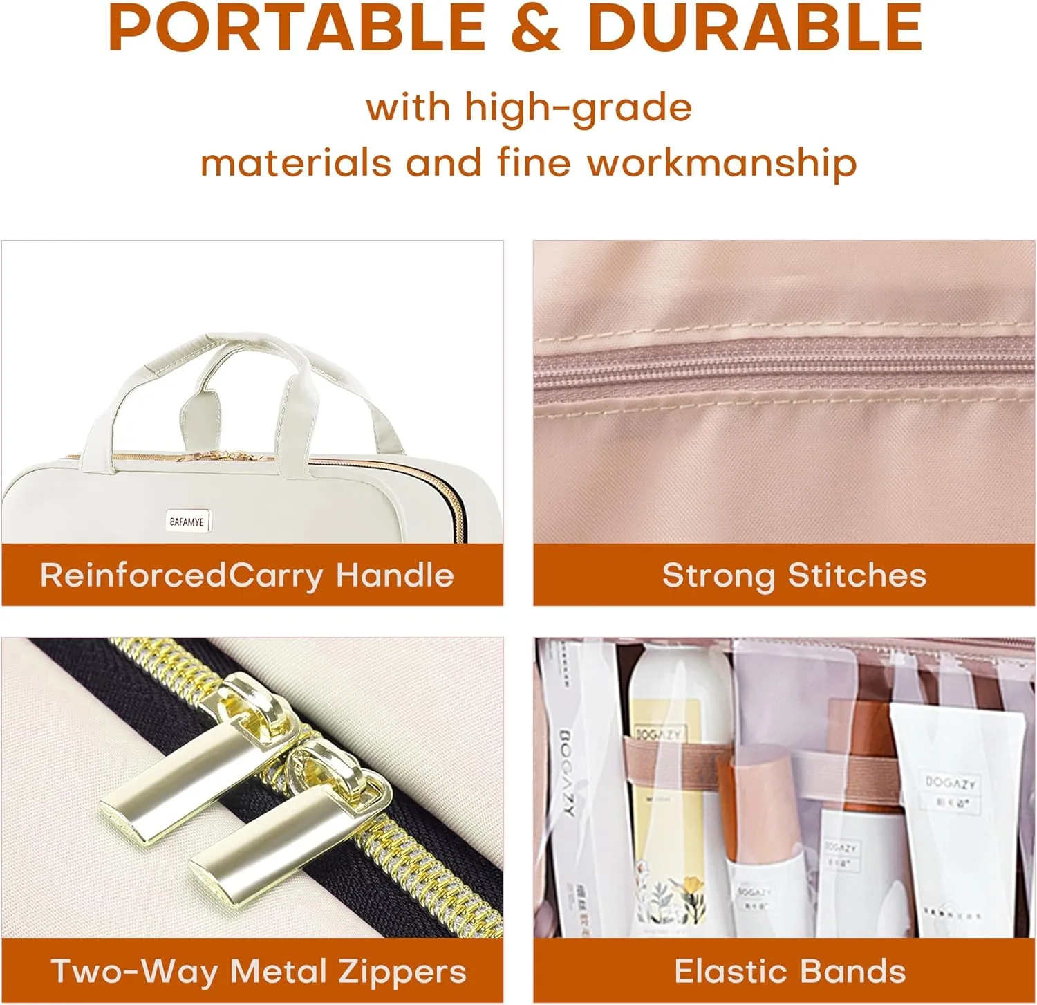 5.8L Travel Toiletry Bag for women - 2.1 GAL Water-resistant Makeup Cosmetic Bag Organizer With Hanging Hook for Travel Accessories Shampoo Full-size Container, Beige