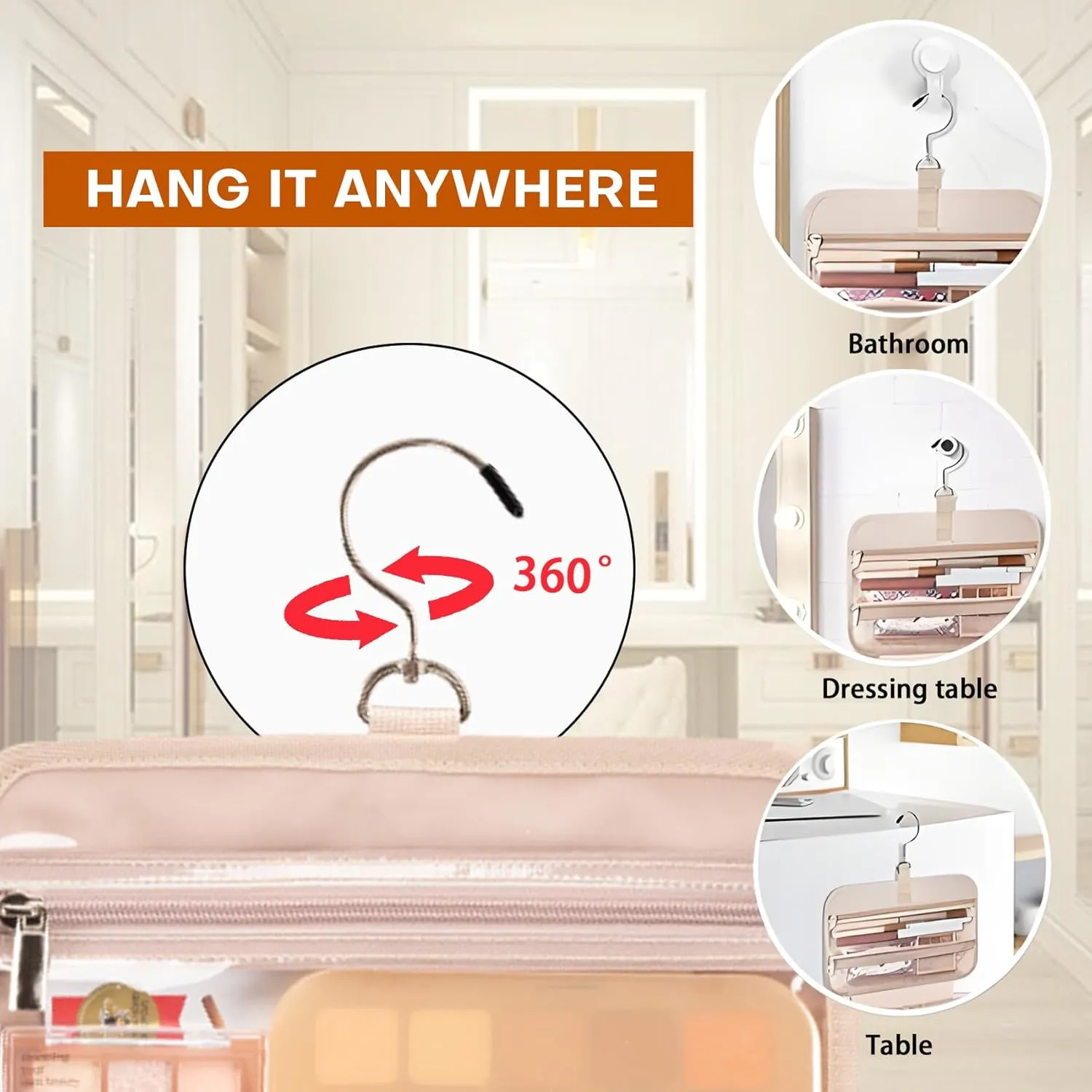 5.8L Travel Toiletry Bag for women - 2.1 GAL Water-resistant Makeup Cosmetic Bag Organizer With Hanging Hook for Travel Accessories Shampoo Full-size Container, Beige
