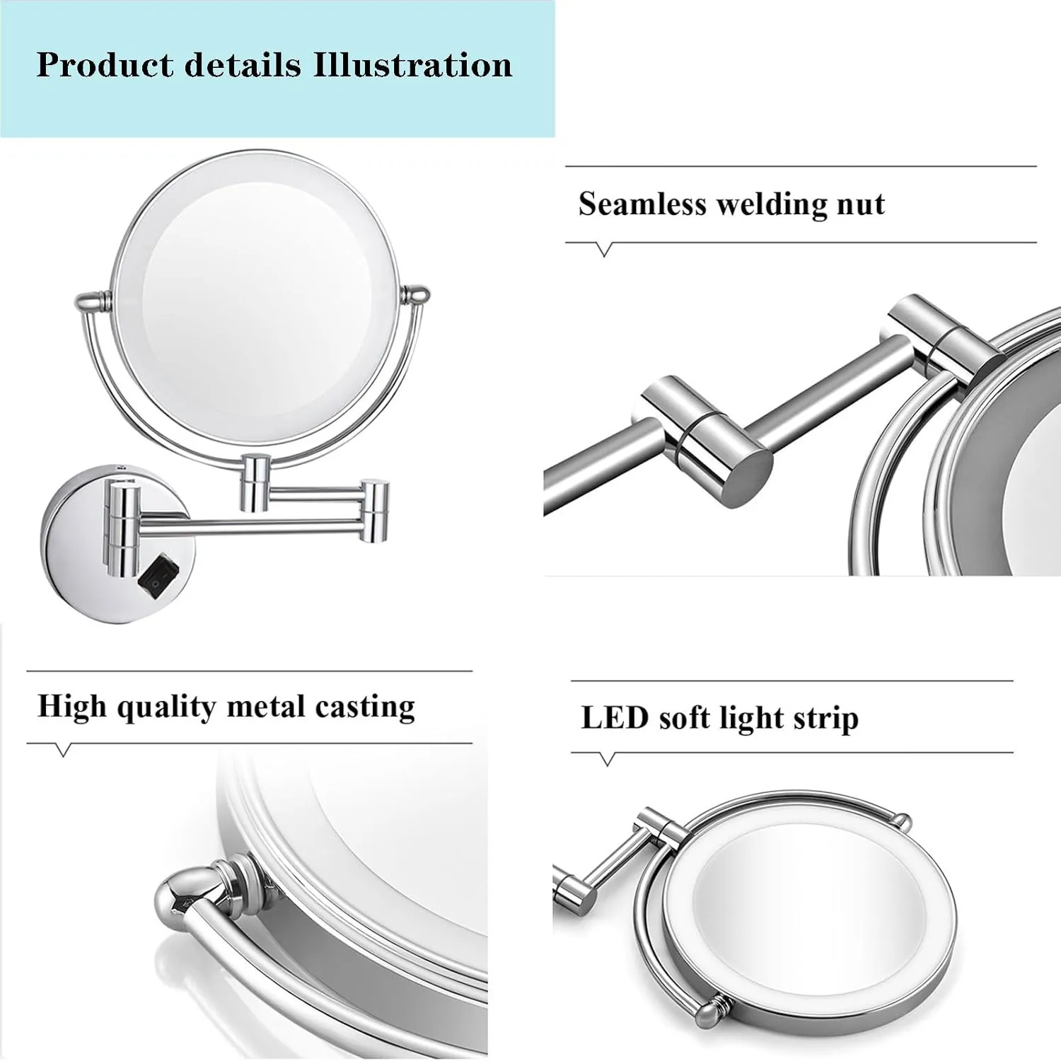 8-inch Wall-mounted Makeup Mirror, Foldable Cosmetic Mirror, Double-sided Magnifying Mirror, Illuminated Vanity Mirror, Bathroom Shaving Mirro