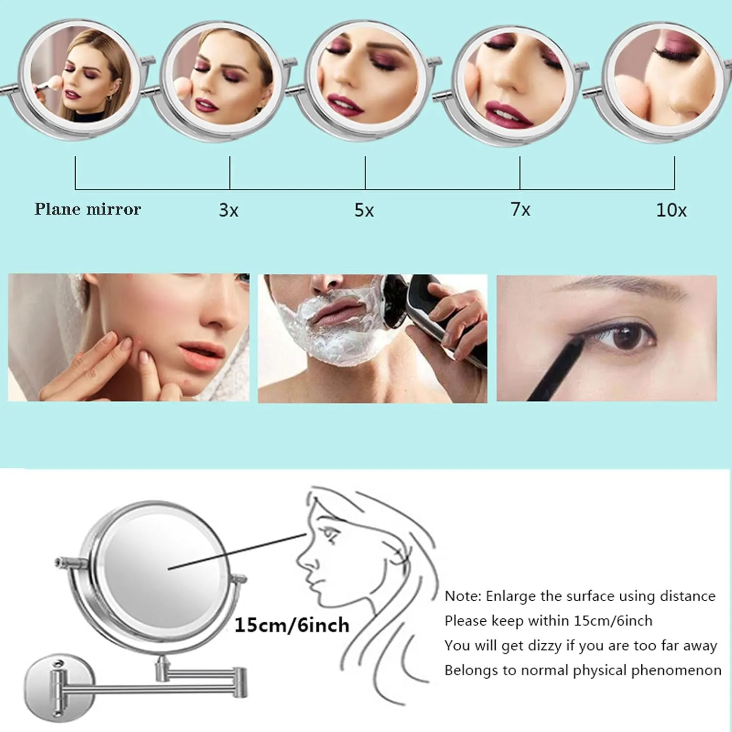 8-inch Wall-mounted Makeup Mirror, Foldable Cosmetic Mirror, Double-sided Magnifying Mirror, Illuminated Vanity Mirror, Bathroom Shaving Mirro